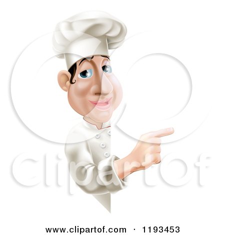 Cartoon of a Happy Chef Pointing Around a Menu or Sign Board - Royalty Free Vector Clipart by AtStockIllustration