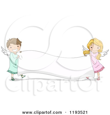 Cartoon of a Cute Angel Boy and Girl Holding a Blank Banner - Royalty Free Vector Clipart by BNP Design Studio
