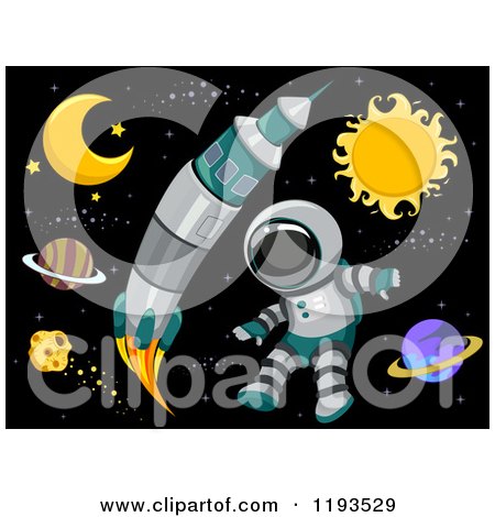 Cartoon of a Rocket and Astronaut in Outer Space - Royalty Free Vector Clipart by BNP Design Studio