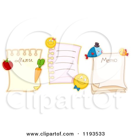 Cartoon of Memo and Menu Pages with Veggie, Fish and Emoticon Magnets - Royalty Free Vector Clipart by BNP Design Studio