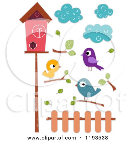 Cartoon of Sticker Styled Birds Clouds Branches a Fence and House - Royalty Free Vector Clipart by BNP Design Studio