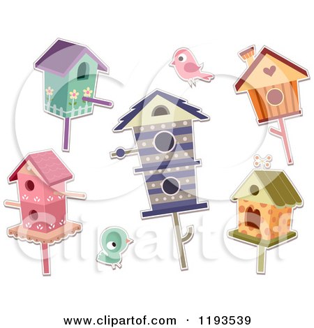 Cartoon of Sticker Styled Birds and Houses - Royalty Free Vector Clipart by BNP Design Studio