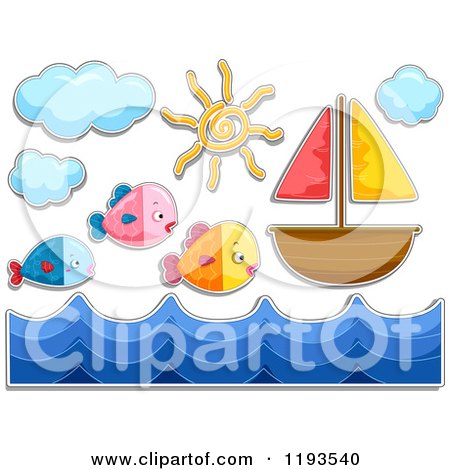 Cartoon of Sticker Styled Fish Waves and a Sailboat - Royalty Free Vector Clipart by BNP Design Studio