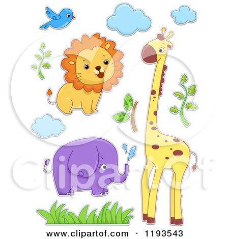 Cartoon of a Sticker Styled Lion Bird Elephant Giraffe Clouds and Foliage - Royalty Free Vector Clipart by BNP Design Studio