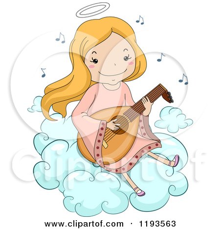 Cartoon of a Happy Blond Angel Girl Playing a Lute on a Cloud - Royalty Free Vector Clipart by BNP Design Studio