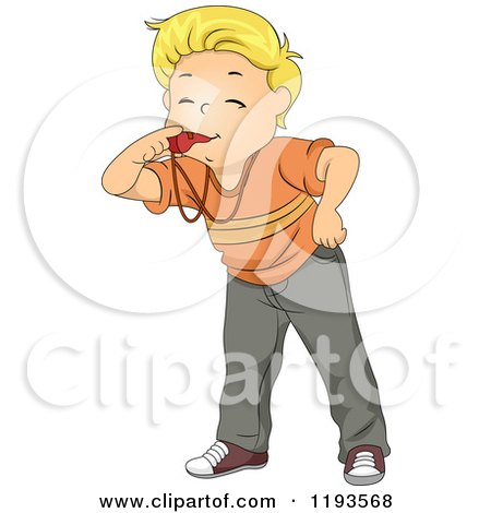 Cartoon of a Blond Caucasian Boy Blowing a Whistle - Royalty Free Vector Clipart by BNP Design Studio