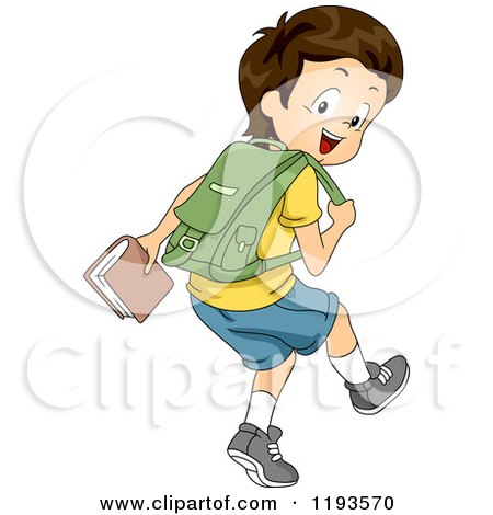 Cartoon of a Happy Brunette Caucasian Boy Walking with a Backpack and Book in Hand - Royalty Free Vector Clipart by BNP Design Studio