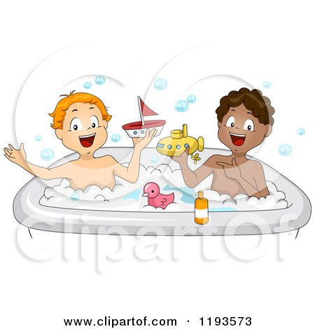 Cartoon of Diverse Boys Playing with Toys in a Bubble Bath - Royalty Free Vector Clipart by BNP Design Studio