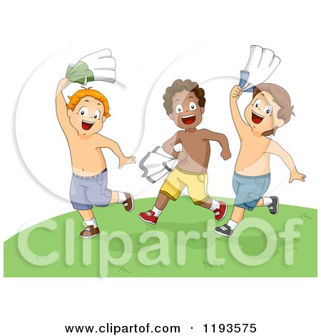 Cartoon of Summer Boys Running in a Field with Their Shirts off - Royalty Free Vector Clipart by BNP Design Studio