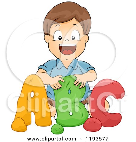Cartoon of a Happy Brunette School Boy Molding Clay Abc Letters - Royalty Free Vector Clipart by BNP Design Studio