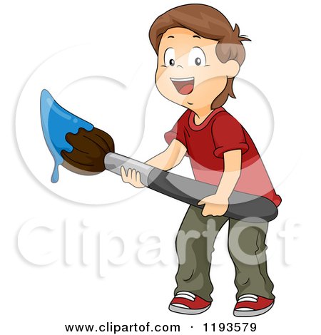 Cartoon of a Happy Brunette Caucasian Boy Holding a Giant Paintbrush with Blue Paint - Royalty Free Vector Clipart by BNP Design Studio