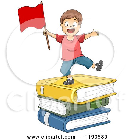 Cartoon of a Happy Boy with a Red Flag on a Stack of Giant Books - Royalty Free Vector Clipart by BNP Design Studio