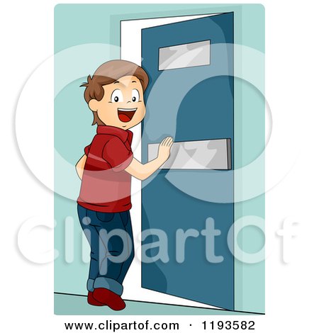Cartoon of a Happy Brunette Caucasian Boy Pushing Open a Door - Royalty Free Vector Clipart by BNP Design Studio