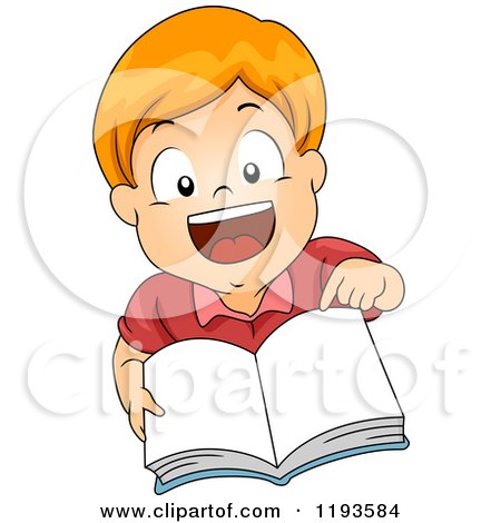 Cartoon of a Happy Red Haired Caucasian Boy Pointing to and Holding up a Book - Royalty Free Vector Clipart by BNP Design Studio