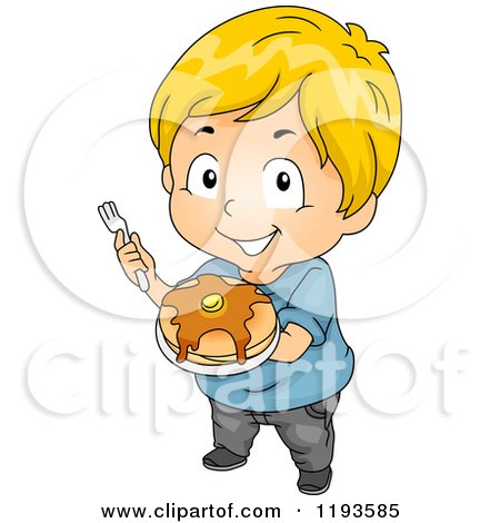 Cartoon of a Happy Blond Caucasian Boy Holding up a Plate of Pancakes - Royalty Free Vector Clipart by BNP Design Studio