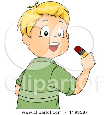 Cartoon of a Happy Blond Caucasian Boy Writing with a Pencil - Royalty Free Vector Clipart by BNP Design Studio