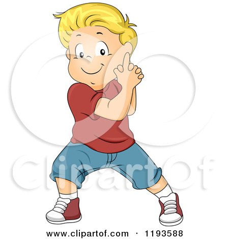 Cartoon of a Happy Blond Caucasian Boy Pretending His Hands Are a Gun - Royalty Free Vector Clipart by BNP Design Studio