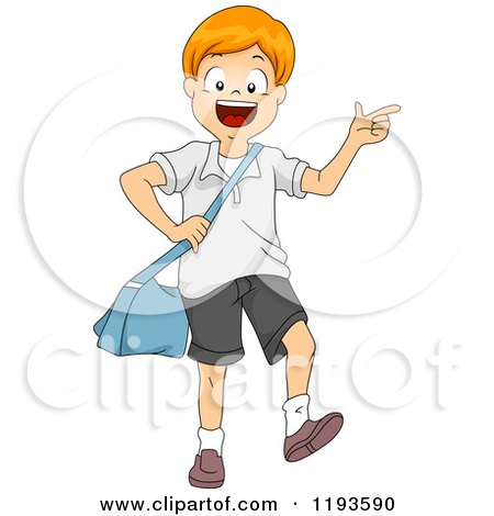Cartoon of a Happy Red Haired Caucasian Boy Walking and Pointing with a Bag on His Shoulder - Royalty Free Vector Clipart by BNP Design Studio