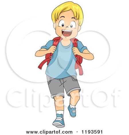 Cartoon of a Happy Blond Caucasian Boy Walking with a Backpack - Royalty Free Vector Clipart by BNP Design Studio