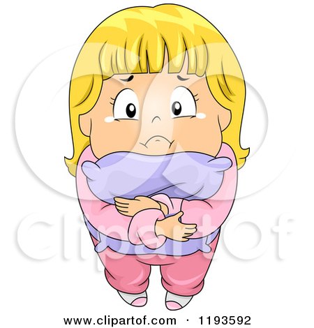 Cartoon of a Scared Blond Girl Hugging a Pillow and Crying - Royalty Free Vector Clipart by BNP Design Studio