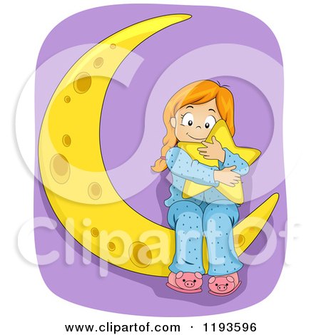 Cartoon of a Happy Girl Hugging a Star on a Crescent Moon, over Purple - Royalty Free Vector Clipart by BNP Design Studio