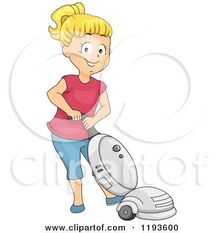 Cartoon of a Happy Blond Girl Using a Vacuum - Royalty Free Vector Clipart by BNP Design Studio