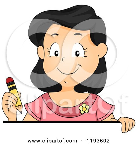 Cartoon of a Happy Girl Holding a Pencil over a Sign Edge - Royalty Free Vector Clipart by BNP Design Studio