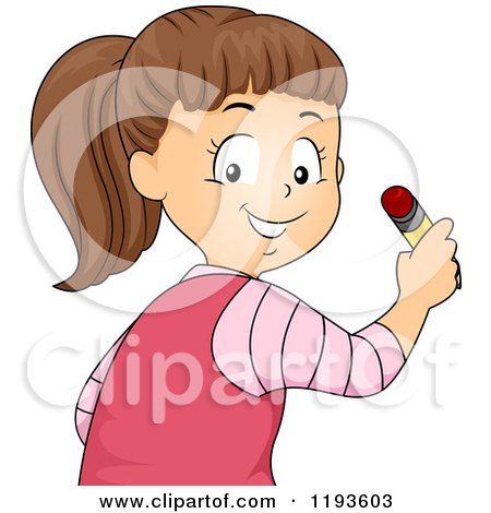 Cartoon of a Happy Brunette School Girl Looking over Her Shoulder and Holding a Pencil - Royalty Free Vector Clipart by BNP Design Studio
