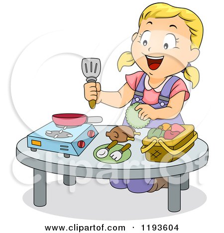 Cartoon of a Happy Blond Girl Playing in a Toy Kitchen - Royalty Free Vector Clipart by BNP Design Studio
