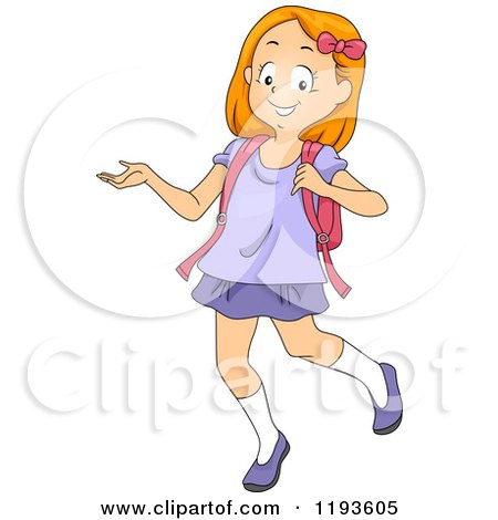 Cartoon of a Happy School Girl Walking and Presenting - Royalty Free Vector Clipart by BNP Design Studio
