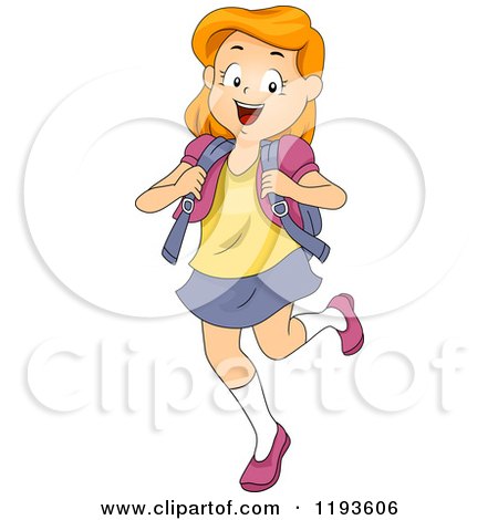 Cartoon of a Happy School Girl Walking and Holding Her Backpack Straps - Royalty Free Vector Clipart by BNP Design Studio