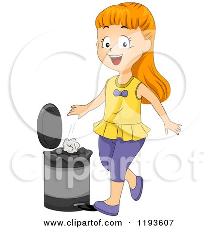 Cartoon of a Happy Girl Putting Paper in a Trash Can - Royalty Free Vector Clipart by BNP Design Studio