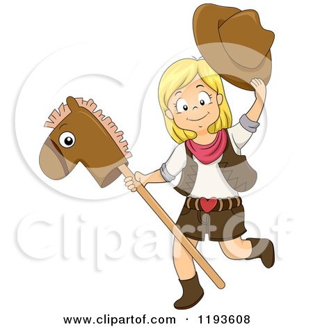 Cartoon of a Happy Blond Cowgirl Playing with a Stick Pony - Royalty Free Vector Clipart by BNP Design Studio