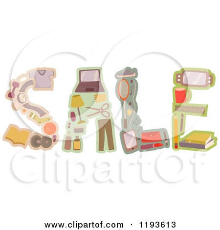 Cartoon of Vintage Items Forming the Word SALE - Royalty Free Vector Clipart by BNP Design Studio