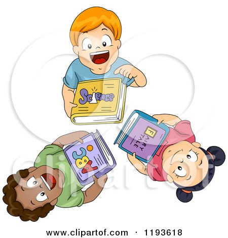 Cartoon of Diverse Children Looking up and Holding Books - Royalty Free Vector Clipart by BNP Design Studio