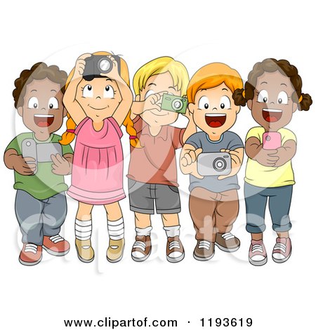 Cartoon of Excited Diverse Children Taking Photos with Their Gadget Cameras - Royalty Free Vector Clipart by BNP Design Studio
