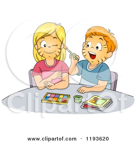 Cartoon of a Boy Painting a Girls Face with Paint - Royalty Free Vector Clipart by BNP Design Studio