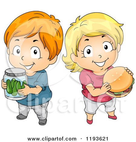 Cartoon of a Boy Holding Pickles and Girl Holding a Hamburger - Royalty Free Vector Clipart by BNP Design Studio