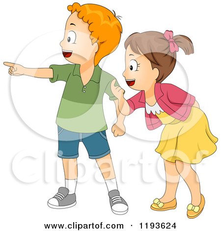 Cartoon of a Boy and Girl Pointing and Looking to the Left - Royalty Free Vector Clipart by BNP Design Studio