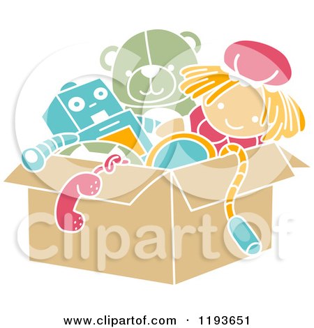 Cartoon of a Stencil Styled Box of Toys - Royalty Free Vector Clipart by BNP Design Studio