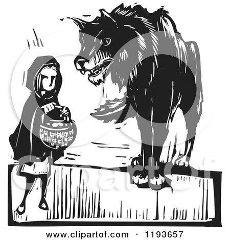 Clipart of a Wolf Towering over Little Red Riding Hood Black and White Woodcut - Royalty Free Vector Illustration by xunantunich