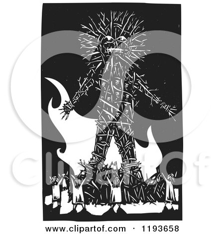 Clipart of a Crowd Around a Giant Wicker Man Black and White Woodcut - Royalty Free Vector Illustration by xunantunich