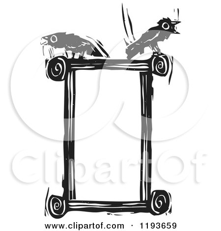 Clipart of a Frame with Two Crows Black and White Woodcut - Royalty Free Vector Illustration by xunantunich