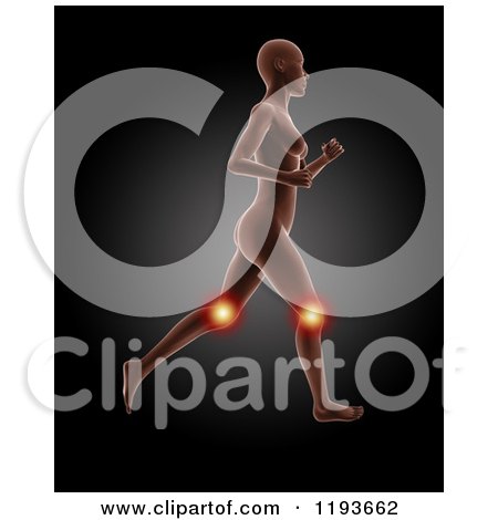 Clipart of a 3d Running Female Medical Model with Glowing Knee Pain on Black - Royalty Free CGI Illustration by KJ Pargeter