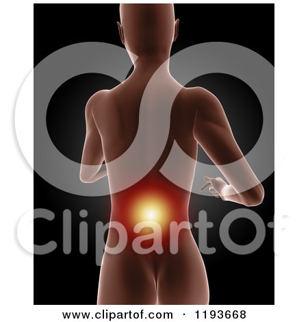 Clipart of a 3d Medical Female Model with Glowing Lower Back Pain, on Black - Royalty Free CGI Illustration by KJ Pargeter