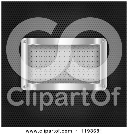 Clipart of a 3d Shiny Silver Frame over Black Perforated Metal - Royalty Free Vector Illustration by KJ Pargeter