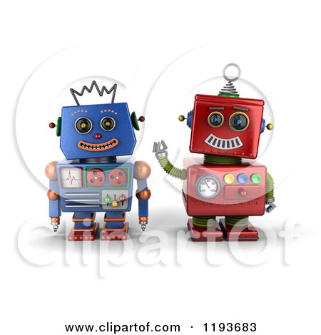 Clipart of 3d Happy Red and Blue Robot Friends - Royalty Free CGI Illustration by stockillustrations