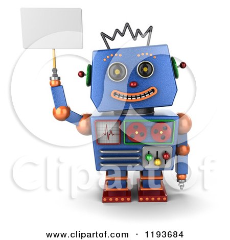 Clipart of a 3d Happy Blue Robot Holding up a Sign - Royalty Free CGI Illustration by stockillustrations