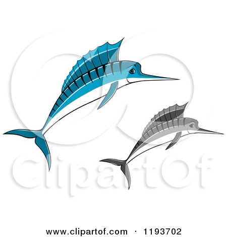 Clipart of Jumping Blue and Grayscale Marlin Fish - Royalty Free Vector Illustration by Vector Tradition SM