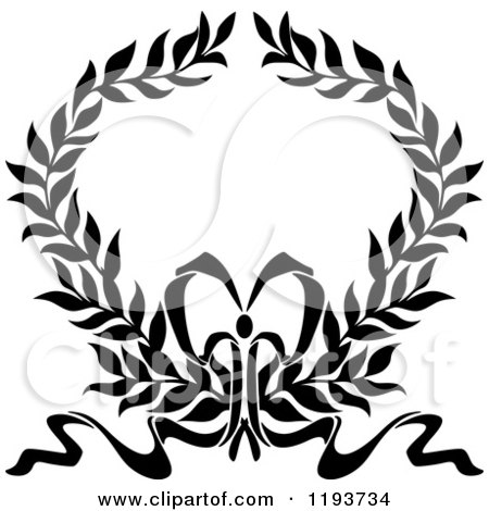 Clipart of a Black and White Laurel Wreath with a Bow and Ribbons 5 - Royalty Free Vector Illustration by Vector Tradition SM